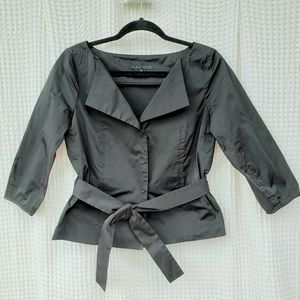 Theory black jacket, hidden snaps, tied belt small